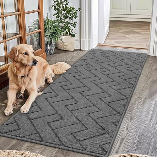 Biscpro Teppich Läufer,60x180cm Waschbarer rutschfest Schmutzfangmatte Teppich Läufer für Eingangsbereich Wohnzimmer,Flur,Büro,Schlafzimmer,Küchen-Grau
