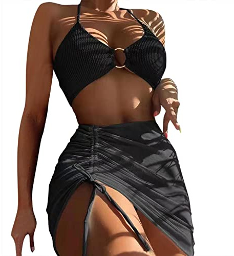Maillot De Bain Transbronzant Femme Maillots de Bain Split Pad Maillot de Bain Beachwear Bikini Push-Up Bandage Womens Set Swimwears Tankinis Set Ensemble Femme Chic Et Elegant Grande (Black, XL)