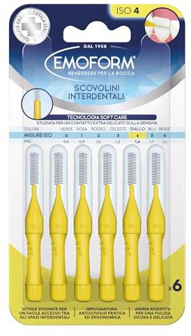Scovolino Interdentale Emoform Giallo 6 Pz. con Tecnologia SoftCare per un Contatto Extra Delicato sulle Gengive grazie alle Setole Morbide - Impugnatura Antiscivolo con Cappuccio per l'igiene Orale