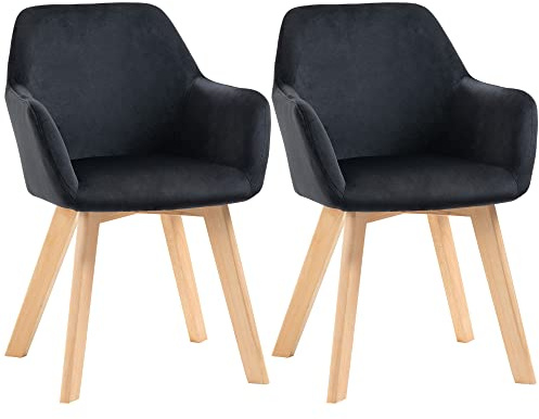 HOMCOM Esszimmerstühle 2er Set Küchenstuhl mit Rückenlehne, Schwarz | Sessel Polsterstuhl mit Armlehne, Stühle, Samtoptik, Wohnzimmerstuhl mit Holzbeine, für Esstisch
