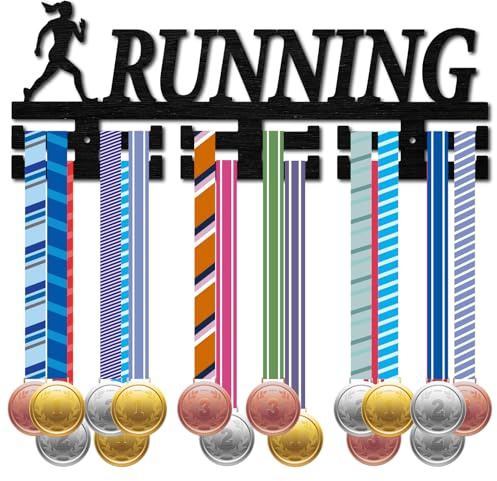 CREATCABIN Medaillenaufhänger Laufen Medaillenhalter Holz Auszeichnungen Wandmontage Rahmen Dekoration Sportmedaillenaufhänger Über 30 Medaille Zum Aufhängen Für Abzeichen Rennläufer Marathon 40x15cm