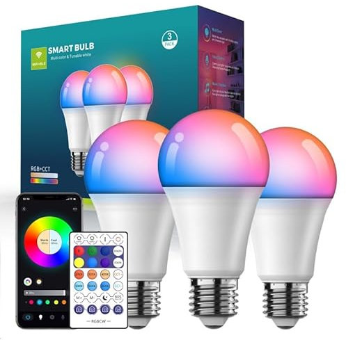 GVOREE Smart Glühbirne E27, 10W 800LM Alexa Lampe Farbwechsel mit Musiksynchronisation, 16 Millionen Farben, WiFi & Bluetooth Smart Glühbirne Funktioniert mit Alexa & Google Assistant, 3 Stück
