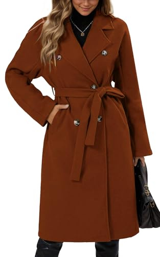 Maeau - Langer Mantel aus Tweed, für Damen, zweireihig, Herbst, Winter, lange Jacke, warm, elegant, lässig, langer Blazer, Trenchcoat mit Gürtel S-XL, braun, 46