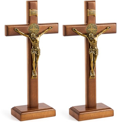 Leinuosen 10 Inch Wood Standing Cross Crucifix Wall and Table Catholic Wooden Cross Decor Jesus Christ Decoration for Home Baptism Communion Church(Golden,2 Pcs)