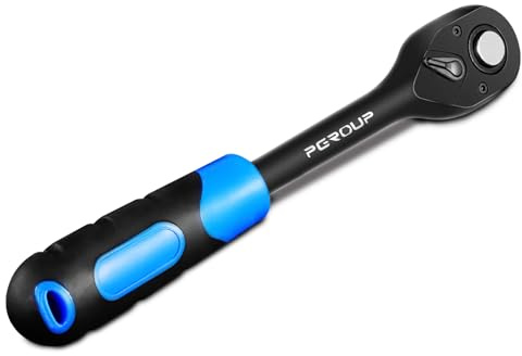 pgroup 3/8 Drive 90 Tooth Ratchet Wrench, Quick Release Ratchet Wrench with Ergonomic Rubber Handle, 4-Degree Swing Reversible Ratchet, Chrome Alloy Made