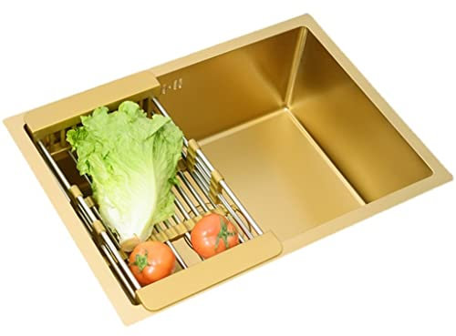 Fregadero de cocina dorado de un solo tazón fácil de limpiar, hecho a mano, con desagüe o instalación empotrada, tamaño grande, 60 x 40 cm