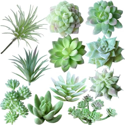 11 Suculentas Artificiales Flocadas, Mini Plantas Suculentas Falsas, Suculentas Artificiales sin Maceta + 11 Piezas + Mini Plantas Decorativas + Verdes con Textura + Diferentes Tamaños