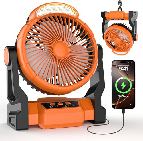 Diealles Shine Camping Ventilator mit Akku 15000mAh, 3 in 1 USB Ventilator, Camping Lüfter Sehr Leise, Zeltventilator mit LED Licht, Tischventilator für Freien Hause Büro