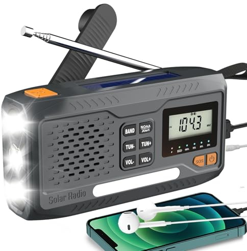 Emergency Weather Radio, Solar Hand Crank Radio with AM/FM/NOAA, 7400mWh Radios Flashlight Cell Phone Charger with Digital Display & Headphone Jack, SOS Alarm, Battery Compartment for Indoor/Outdoor