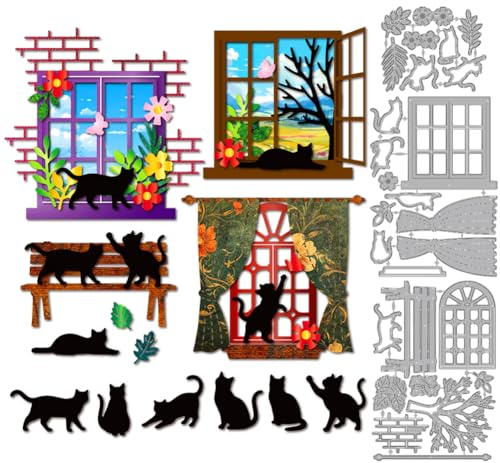 MAYJOYDIY Cat Window Metal Cutting Dies, Carbon Steel Stencils, Embossing Template Set for Card Making Scrapbooking Album Gift Decoration
