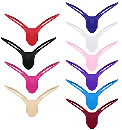 UIKIFY Mens Briefs Multipack 10PC Sexy G-Strings Men's Thong Underwear Plain Bulge Pouch Low Rise Bikini Thongs Underpants Knickers for Men Sissy Lingerie Joke Secret Gift