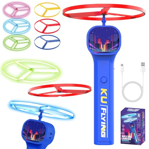 LUKIUP Elektrisch Flying disc Launcher, 3 Normale Und 3 Fluoreszierende Discs Fliegende Untertasse Launcher, Propeller Spielzeug Kinder ab 4 5 6 7 8, Outdoor Gartenspielzeug FüR Kinder (Blau)