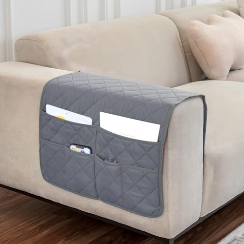 Srvillg Armchair Arm Cover, 1pc Non Slip Sofa Arm Rest Cover with Pockets, Light Grey Armrest Chair Covers for Sofa Couch, Armchair, Recliner Chair (Grey)