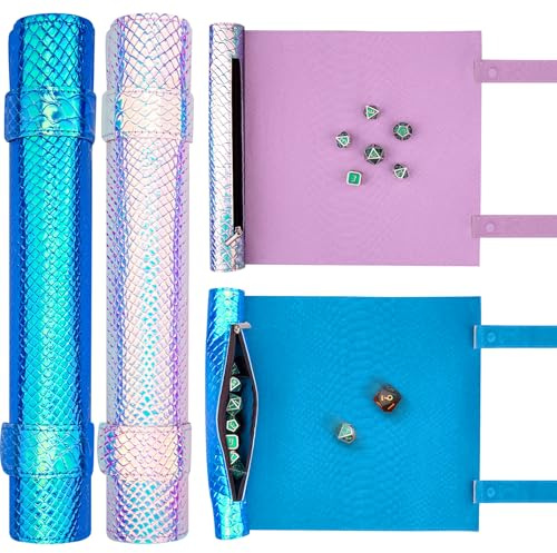 SIQUK 2 Stücke Würfelmatte im Schriftrollen Stil Würfelmatte Rollentablett Würfelschale zum Rollen Würfeltablett & Würfelsack mit Würfel Aufbewahrung Würfelteller für DND RPG (Hellblau, Seeblau)