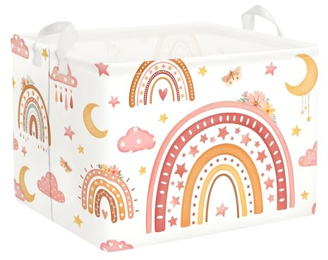 Clastyle Panier Rangement Bébé Arc-en-ciel Corbeille à Linge Sale Pliable Fille pour Vêtement Boite de Rangement Jouet pour Salle de Bain Chambre à Coucher, Lune, 40x30x30 cm