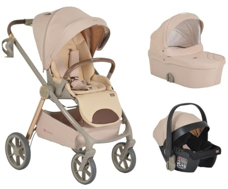 Cangaroo Kombikinderwagen Unique 3 in 1 Babyschale Stoßdämpfer PU-Räder Tasche beige