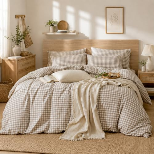 Lanqinglv Bettwäsche 135x200 Baumwolle Kariert Beige Weiß,Gittermuster | Oeko-TEX,Renforce Baumwolle,für Allergiker,Aesthetic Wendebettwäsche Bettbezug mit Reißverschluss und 1 Kissenbezug 80x80 cm