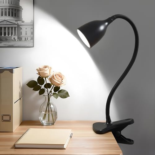 GyroVu Schreibtischlampe für Home Office, LED Klemmlampe Leselampe, Klemmleuchte für Bettkopfteil, Verstellbare Flexible Schwanenhals Schreibtischlampe für Studentenwohnheim & Lernzimmer Schwarz