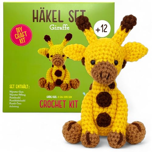 MIJOMA Häkelset Tiere für Anfänger & Fortgeschrittene – DIY Amigurumi Häkel Kit mit Anleitung, Wolle, Nadeln & Zubehör – Häkelpaket Kinder & Erwachsene (Giraffe (8,4x10,5x4,5cm))