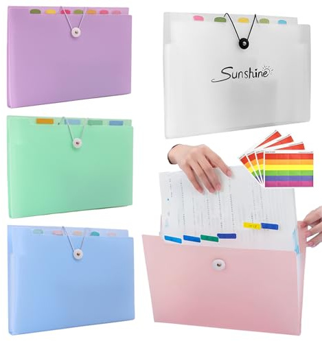 Kiswleon 5Pcs Expanding File Folder,A4 File Organiser with 12 Pockets,Portable Flash Card Holder with Colored Labels,Document Organiser for Card,Document,Paperwork,Receipt