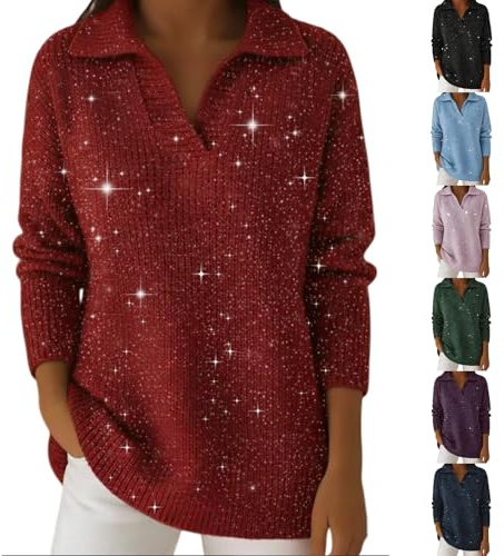 Top rosso con paillettes, maglioni scintillanti da donna UK – Comodi maglioni caldi a maniche lunghe vestibilità ampia maglieria moda paillettes top lavorato a maglia accogliente maglione termico