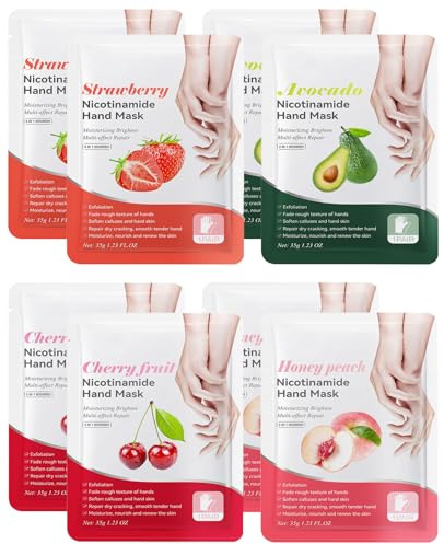 Rudfovn 8 Pairs Hand Mask Gloves for Dry Hands – Moisturising Spa Gloves with Avocado, Strawberry, Cherry & Peach Serum – Hydrating, Nourishing & Softening Hand Care Treatment