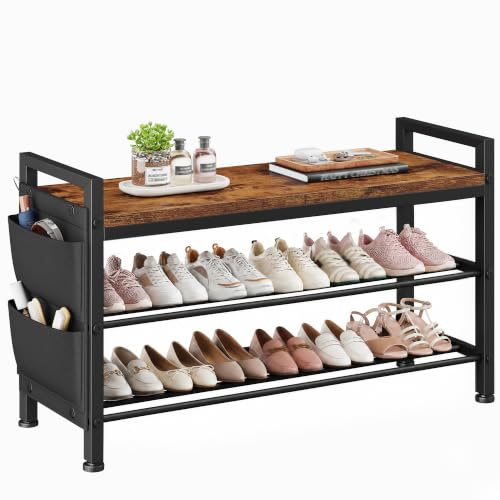 Schuhbank mit sitzfläche 3 Ebenen für 9-12 Paar, Schuhregal schmal mit Seitentaschen, Metall-Holz Schuhablage, Schuhschrank für Eingangsbereich, Flur, Wohnheim, 30 x 76 x 56.5 cm, Vintagebraun-schwarz