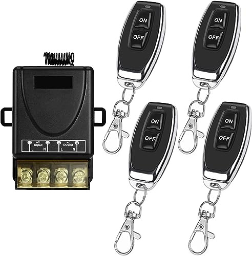 DOMO-MATIC Interruptor de Control Remoto Inalámbrico 433MHz, AC 85V-250V, Receptor de Relé con Transmisor, ON/OFF, 10A, para Luces y Electrodomésticos (1 Receptor con 4 transmisores)