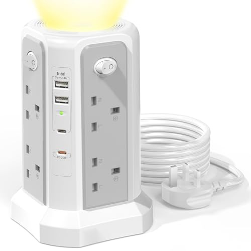 Tower Extension Lead with 20W USB C Slot and Night Light, Grey White 1.8M | 8 Way Surge Protected Extension Tower with 4 Switches and 2A2C, HAFINO Extension Cable for Home, Office