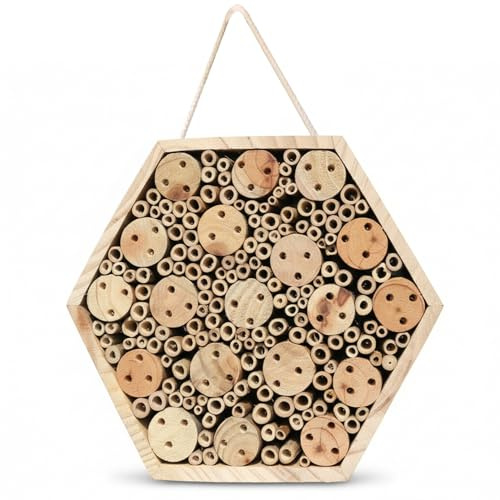 Xoeryoy Hexagonal träbihus för trädgård, naturhotell med hängande rep, Mason Bee House Outdoor för att locka pollinatorer, Insect Hotel trädgårdsdekoration