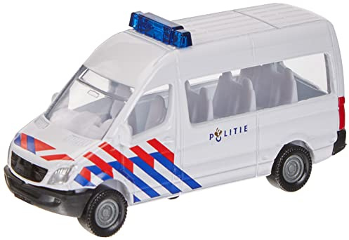 Siku 0806003 Furgone della polizia olandese, in metallo e plastica, gancio di traino, auto giocattolo per bambini, bianco e blu