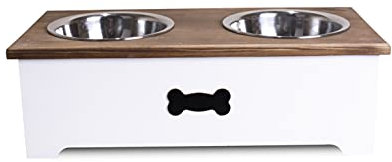 White Luxury Dog Food Feeding Stand Station Stainless Double Raised Bowls Wooden Crate