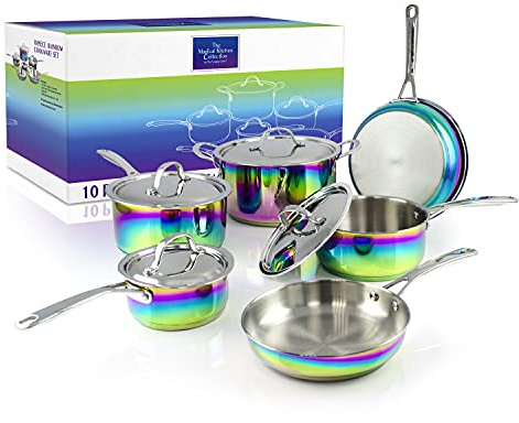 The Magical Kitchen Collection - Iridescent Rainbow Cookware Set - Premium Heavy Duty Stainless Steel and Titanium Pots & Pans Set - Rust Proof, Induction Stove & Oven-Safe (10 Piece)