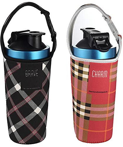 Bulckrew 2pcs Wasserflasche Neopren Beutel Flaschen Thermo-Hülle Taschen Isolierte Neopren Flaschenhülle mit Verstellbarem Schultergurt, Karo rot und schwarz