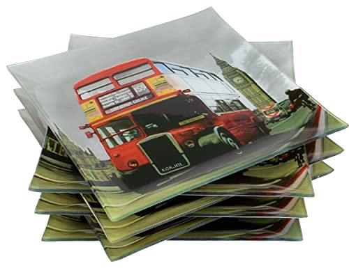 Set de 6 Assiettes Plates en Verre - Élégant Motif Londres - Carré 25x25 cm - Design city Chic et Tendance pour Service de Table Pour la Maison ou pour Offrir