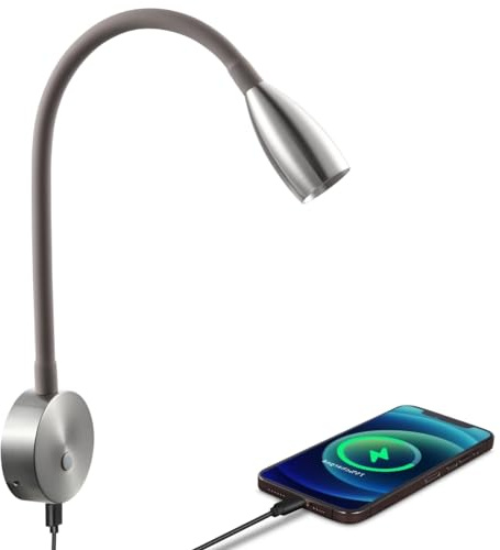 acegoo Leselampe 12V LED Dimmbar Bett Lampe, Flexible Wandmontage Schwanenhals Nachttisch 24V 3200K Eingebauter Dimmer & Typ C Schnellladegerät, für Boot Wohnmobil Auto Camper Van Yacht (Silber)