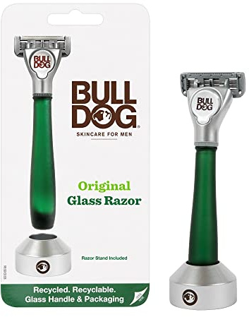 Bulldog Herrenrasierer für Hautpflege und Fellpflege, recyceltes Glas, Griff mit Rasiererständer