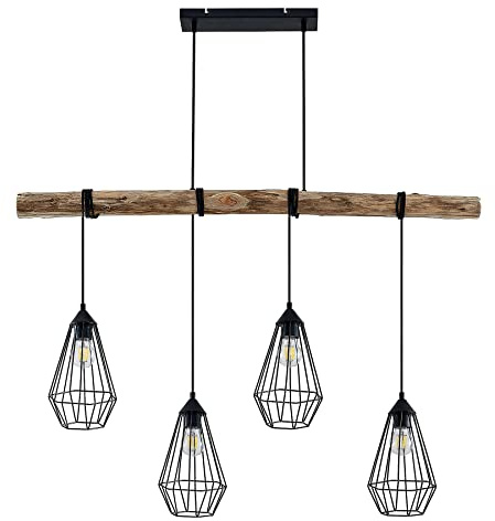 Lindby Esstisch Pendelleuchte Holz, Eisen Balkenpendelleuchte Holzast und Käfig Lampenschirm Holzlampe Lampe Wohnzimmer 4x E27 max. 60W ohne Leuchtmittel
