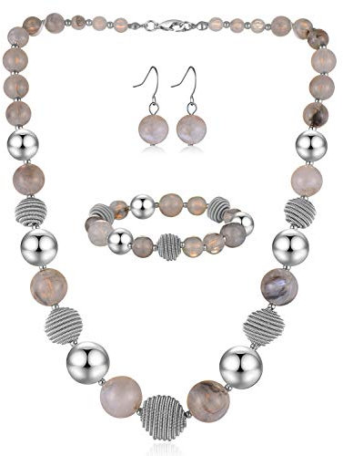 Bulinlin Perlen Damen Schmuck Set Silber Choker Halskette Ohrringe Creolen Statement Modeschmuck Weihnachtsgenchenke für Frauen(Grey)