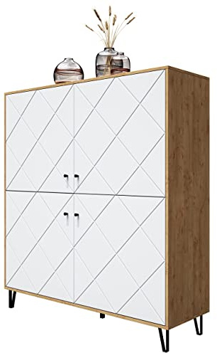 Newroom Highboard Wildeiche Weiß matt Rautenmuster Wohnzimmer Kommode | mit schwarzen Metallbeinen, 4 Türen, zweifarbig, Sideboard, Anrichte, Flurschrank, für Flur und Schlafzimmer