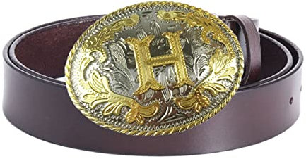 WRJAHCG Westerngürtel, Gürtelschnalle mit Anfangsbuchstaben, ABCD bis Z Gürtelschnallen mit großen Buchstaben für Männer und Frauen Rodeo Gold Gürtelschnallen,H brown,120CM/47.3''