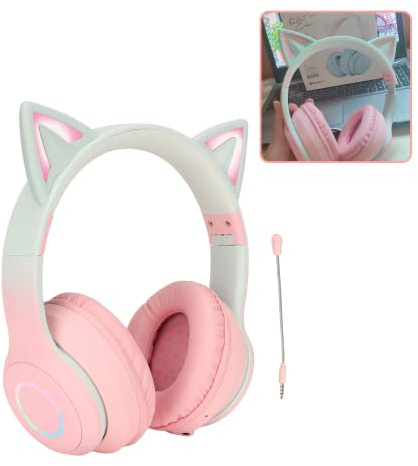 Cat Ear-hörlurar, Trådlösa Spelheadset Via Bluetooth 5,1/3,5 Mm AUX-kabel, Hopfällbara Hörlurar med 7 Färger LED-lampor och 4 LED-lägen för Flickor, Vuxna(rosa)