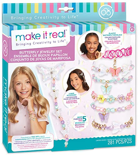 Make It Real 2901323 Schmuckset Schmetterling, DIY Schmuck Set mit schimmernden Anhängern, Kette und Haarschmuck, Armbänder selber basteln für Kinder