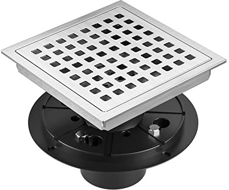 EXF Duschablauf, 152 mm, gebürstetes Nickel – Quadratischer Edelstahl-Bodenablauf mit ABS-Flansch, abnehmbarem Gitter/Abdeckrost und Haarsieb
