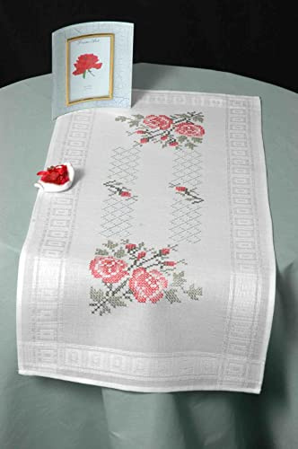 DECO-LINE Floral Trellis 40X100CM Printed Table Runner Embroidery KIT, White