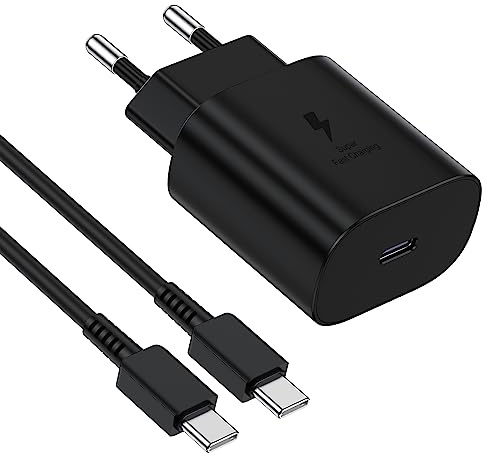 Chargeur USB-C 25W Samsung Ultra Rapide pour Galaxy A13, A14, A54 5G, S20, S22, S23, S21, S10, S9, S20 FE/ULTRA/A52/A53/A41/M52/M54, 2m Noir