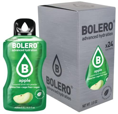Boléro APPLE 24x3g | Jus en poudre sans sucre, édulcoré à la stévia + vitamine C | pour enfants et sportifs | sans gluten, végétalien | saveur de pomme