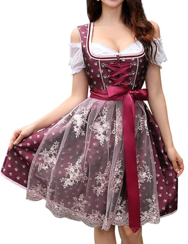 Clearlove Women's 3-pieces German Dirndl Dress Costumes for Bavarian Oktoberfest Halloween Carnival Burgundy S