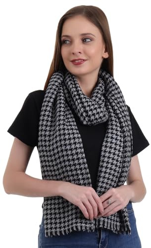 EH 100% Pure Cashmere scarf, stole Houndstooth, warm large buttery soft Pashmina, Grey & Black, Large