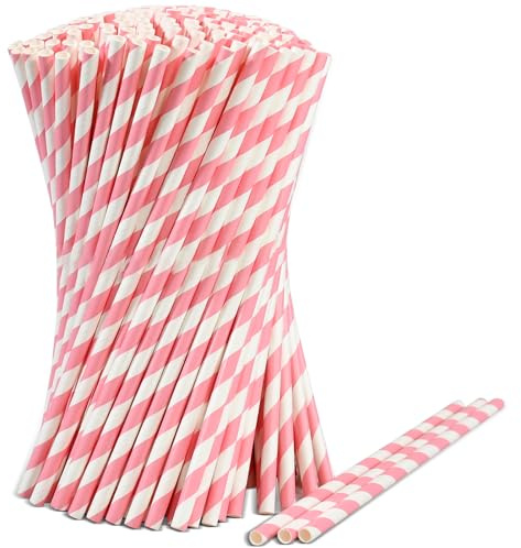 Lives on Green Pajitas desechables de papel con rayas rosas/blancas, 1000 unidades, 19,7 cm x 0,6 cm, biodegradables y compostables, PS0197061KPK